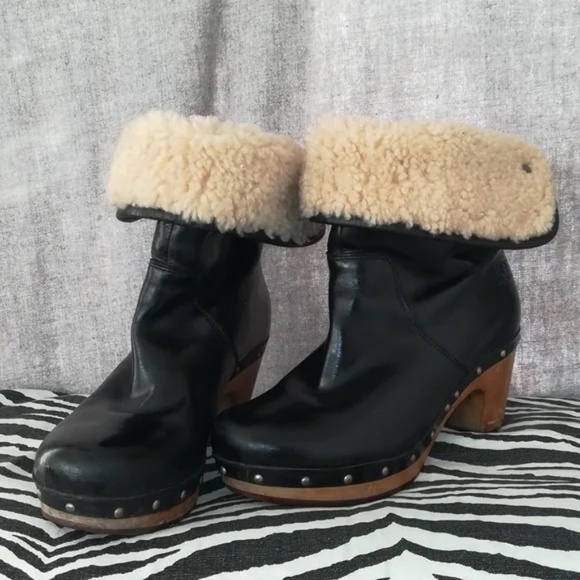 UGG boots leather wooden heels shearling fold-down "Lynnea" US 6 - Picture 1 of 6